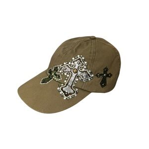 Something Special LA Embellished Sequins Rhinestones Studded Cross Khaki Cap Hat